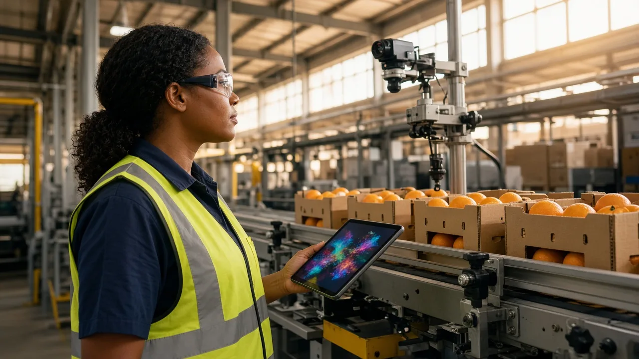 Engineer in a bright packing plant checking fruit cartons with a camera mounted above the conveyor and a tablet in hand