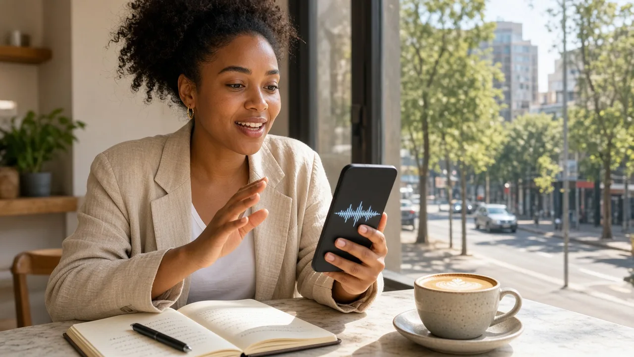 Woman in a sunny Johannesburg cafe speaking to a phone that shows a voice waveform