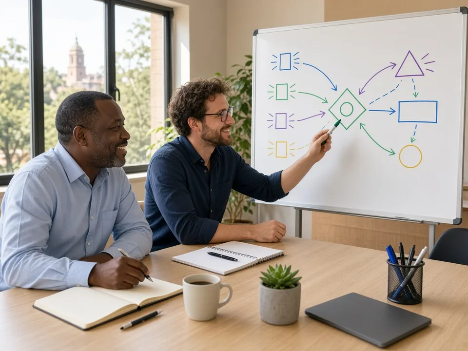 South African business owner and software consultant mapping a sensor to decision workflow on a whiteboard in a bright Pretoria meeting room