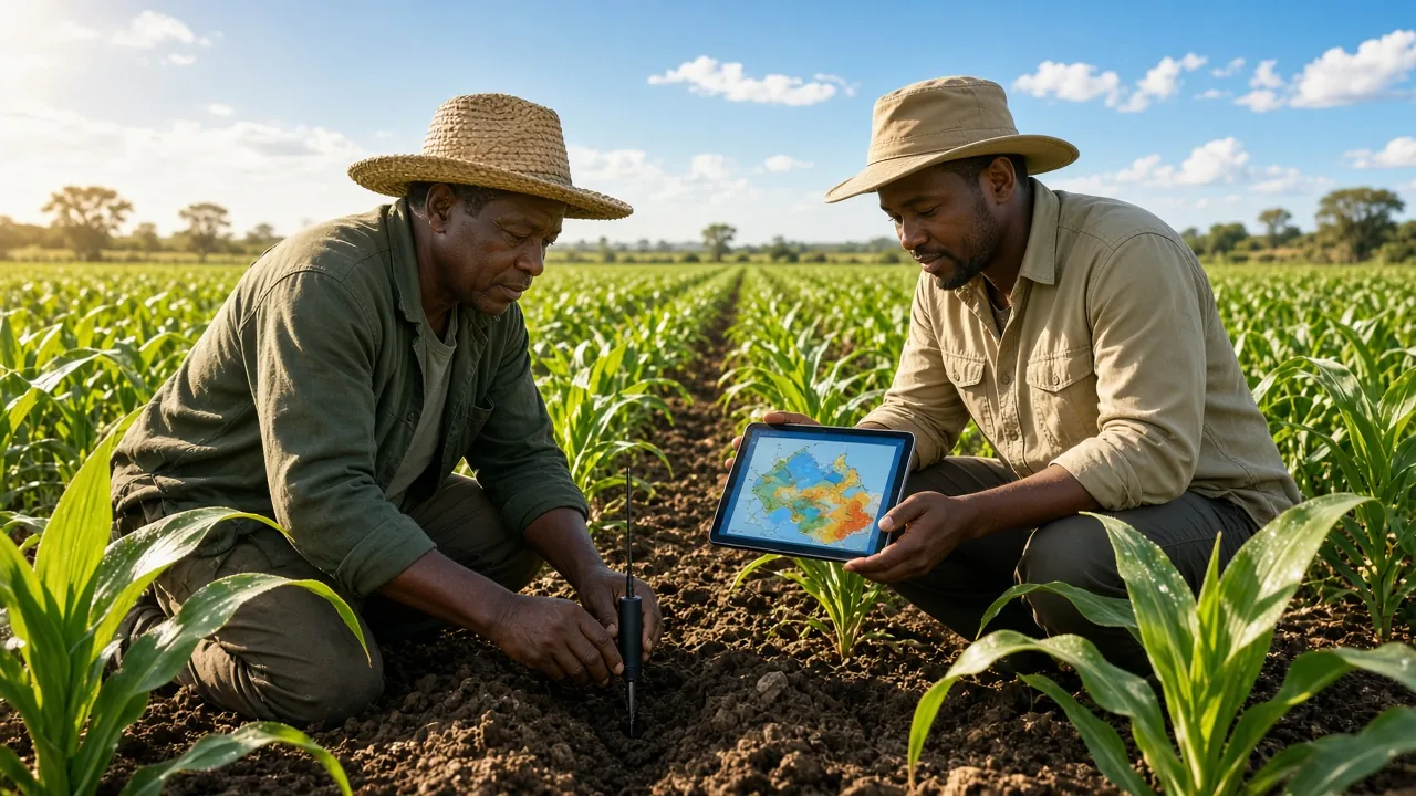 South African farmers checking a soil moisture sensor and an irrigation map on a tablet in a bright maize field