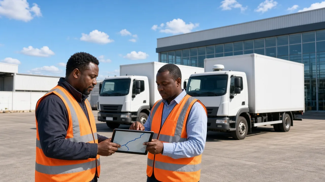 South African logistics team reviewing a live fleet route on a tablet beside connected delivery trucks in a bright Durban yard
