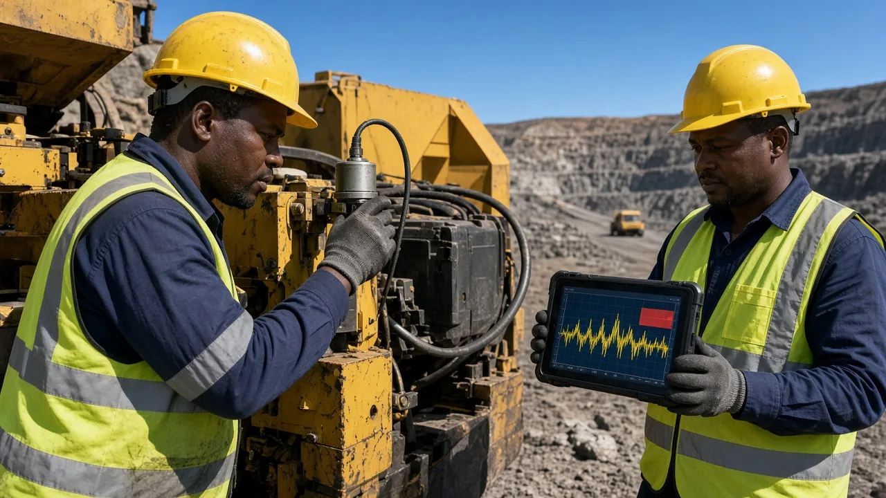 South African mine technicians checking a vibration sensor and a live anomaly alert on a tablet beside yellow haul equipment