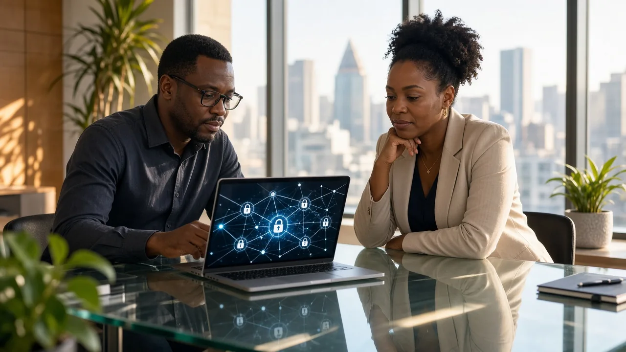 South African cybersecurity specialists reviewing encrypted connected-device access on a laptop in a bright Sandton office