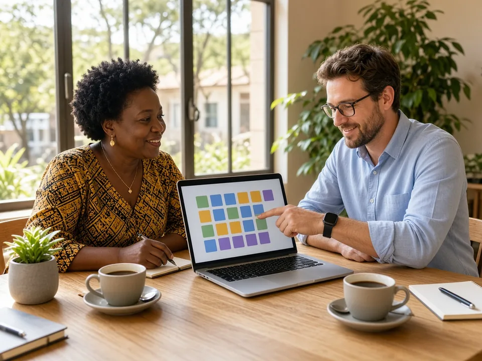 South African business owner practicing a guided software checklist with a trainer in a bright Pretoria meeting room