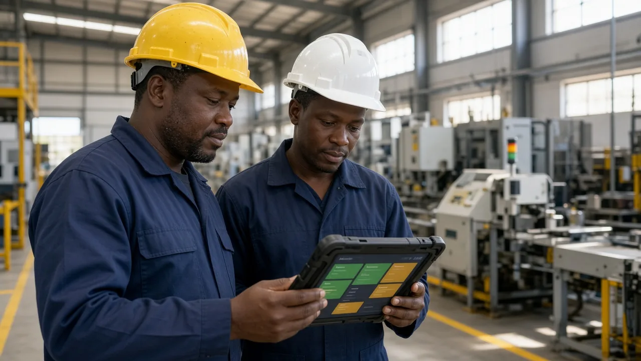 South African manufacturing supervisors checking machine status on a tablet in a bright factory