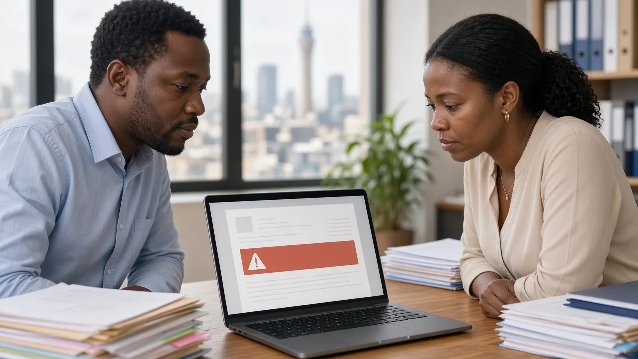 South African finance colleagues reviewing an automated invoice exception on a laptop in a bright Johannesburg office