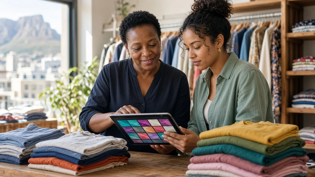 South African shop managers checking colourful inventory tiles on a tablet in a bright Cape Town clothing store