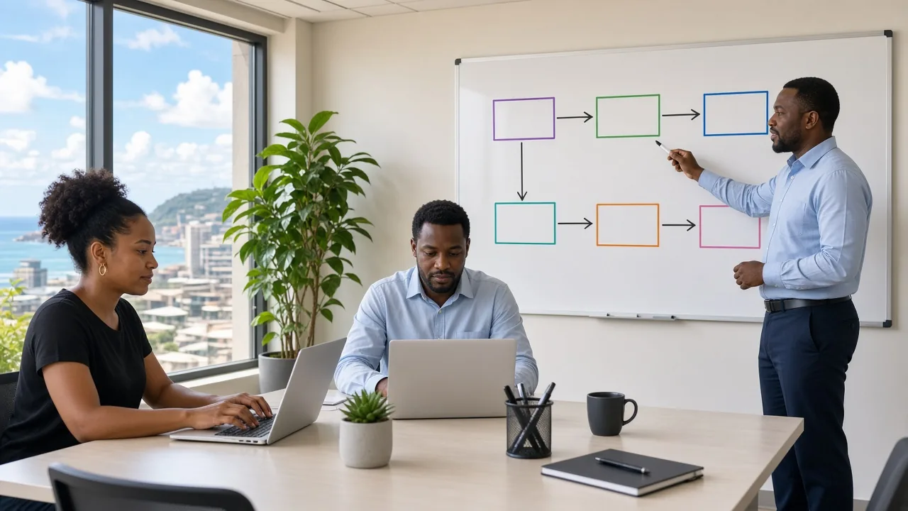 South African colleagues practicing a digital workflow on laptops beside a colourful process map in a bright Durban office