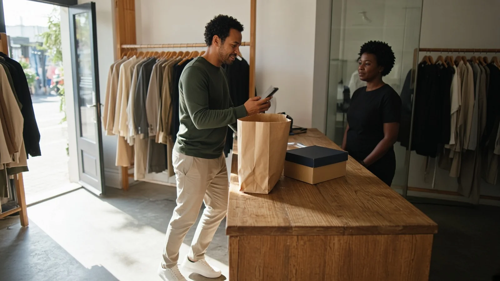 Cape Town shopper pausing at a clothing-store door with a full bag on the counter while checking a phone