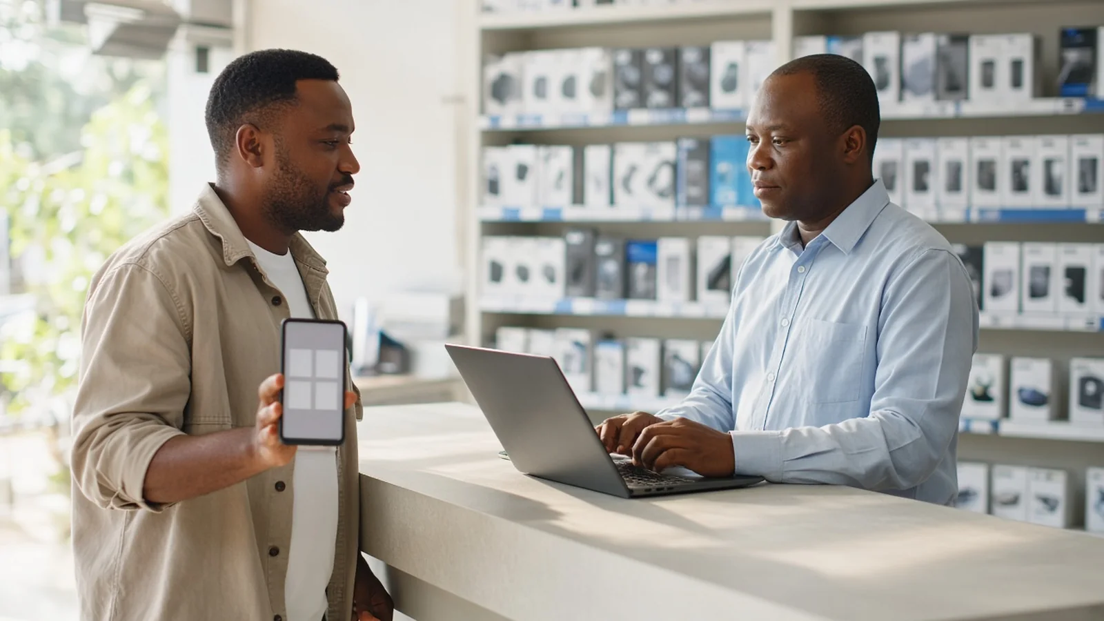 Customer in a bright Durban electronics shop showing a phone with four blank instalment blocks to a salesperson