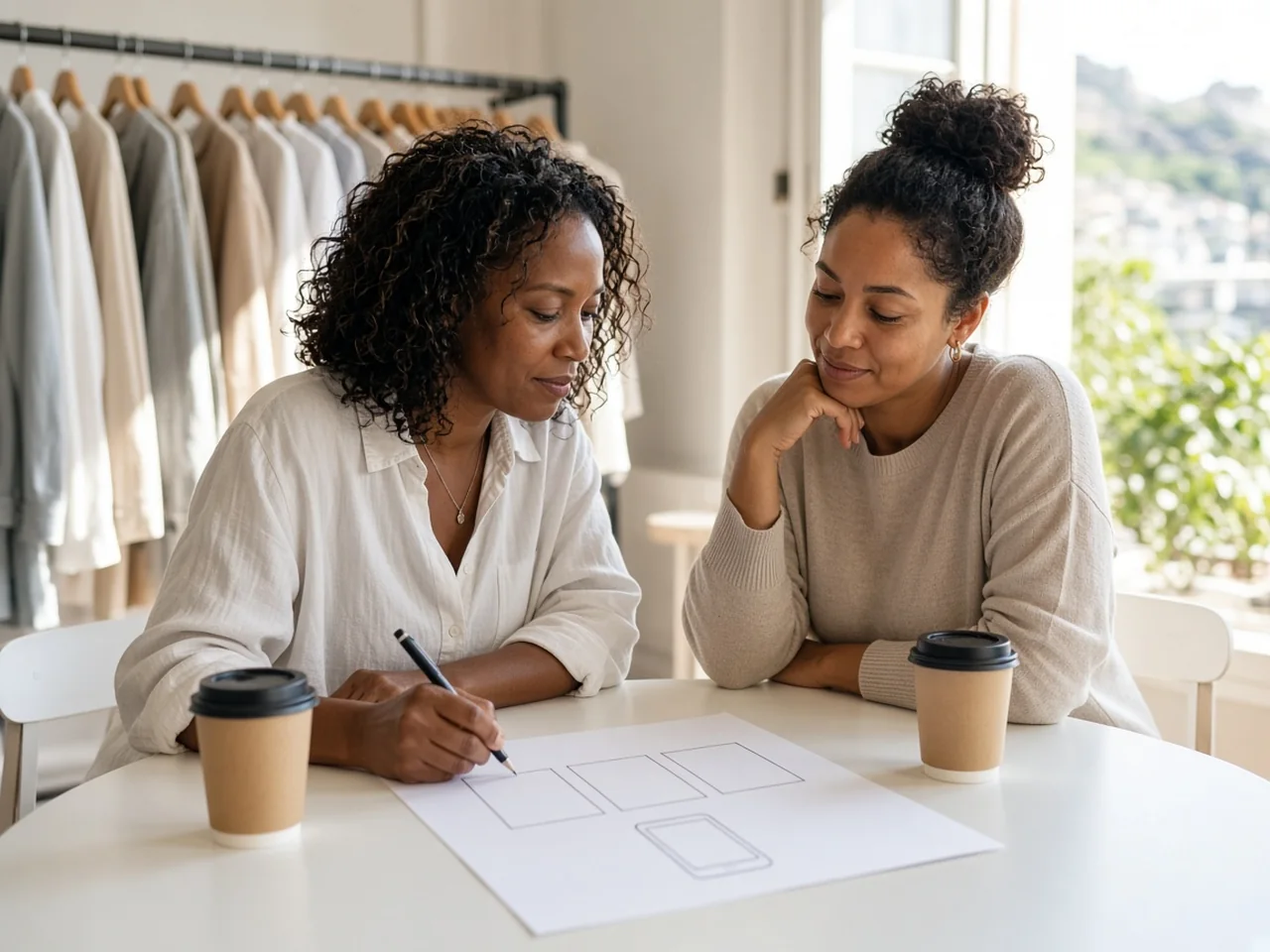 Boutique owner and consultant sketching three blank instalment boxes and a phone outline in a bright Cape Town clothing shop