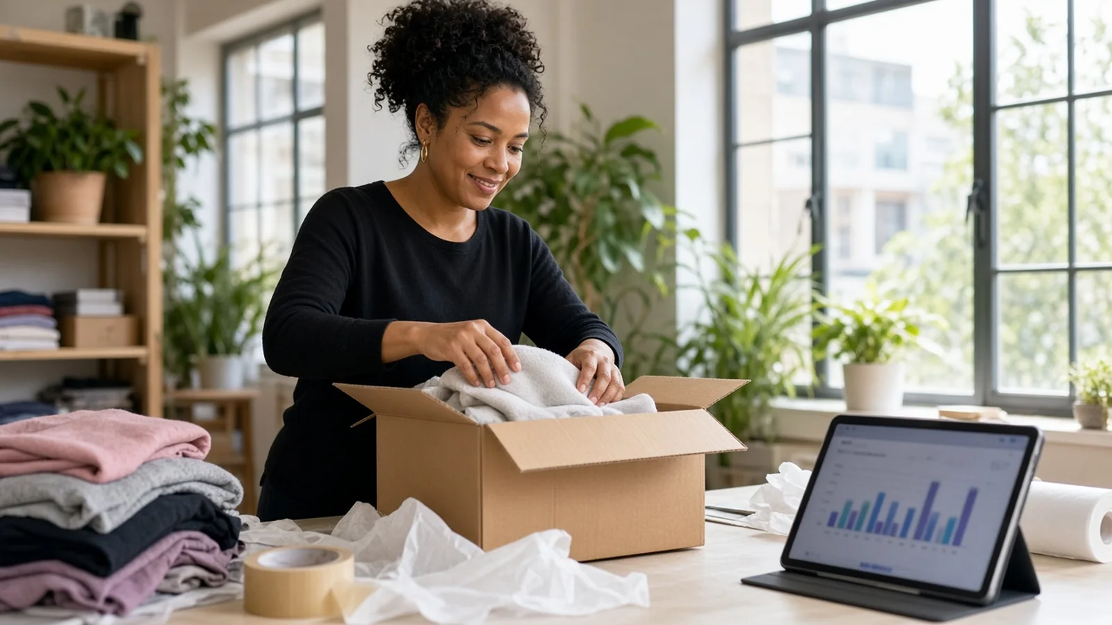 Online-store founder packing clothes into a box beside a tablet with a blurred sales dashboard in a bright studio