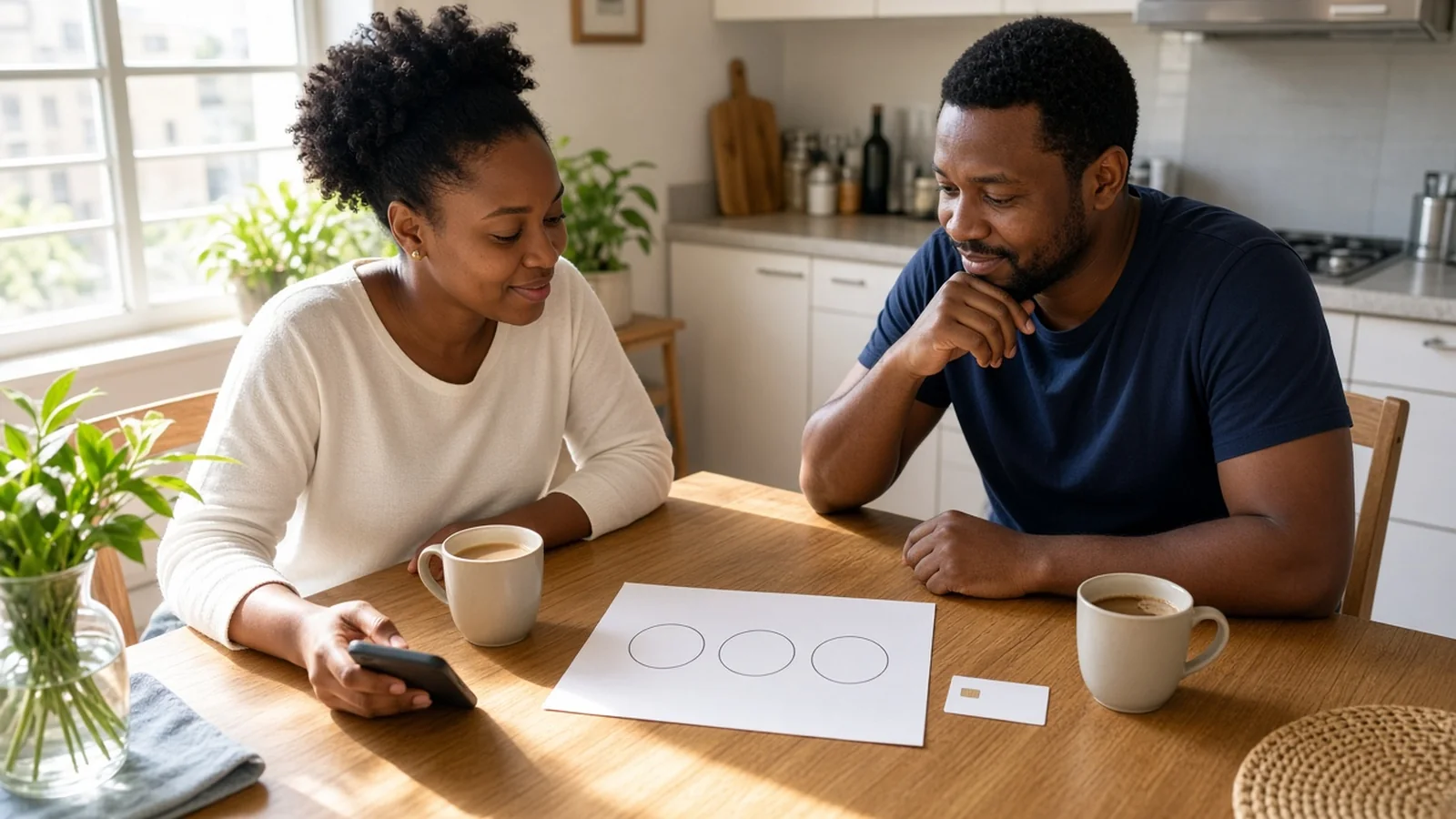 Couple at a bright Johannesburg kitchen table reviewing a paper with three blank repayment circles beside a phone and a plain card