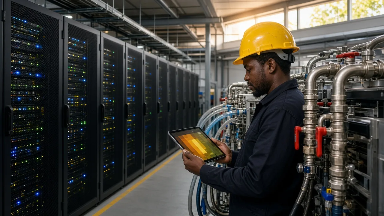 South African engineer inspecting liquid cooling beside high-density server racks in a bright data centre
