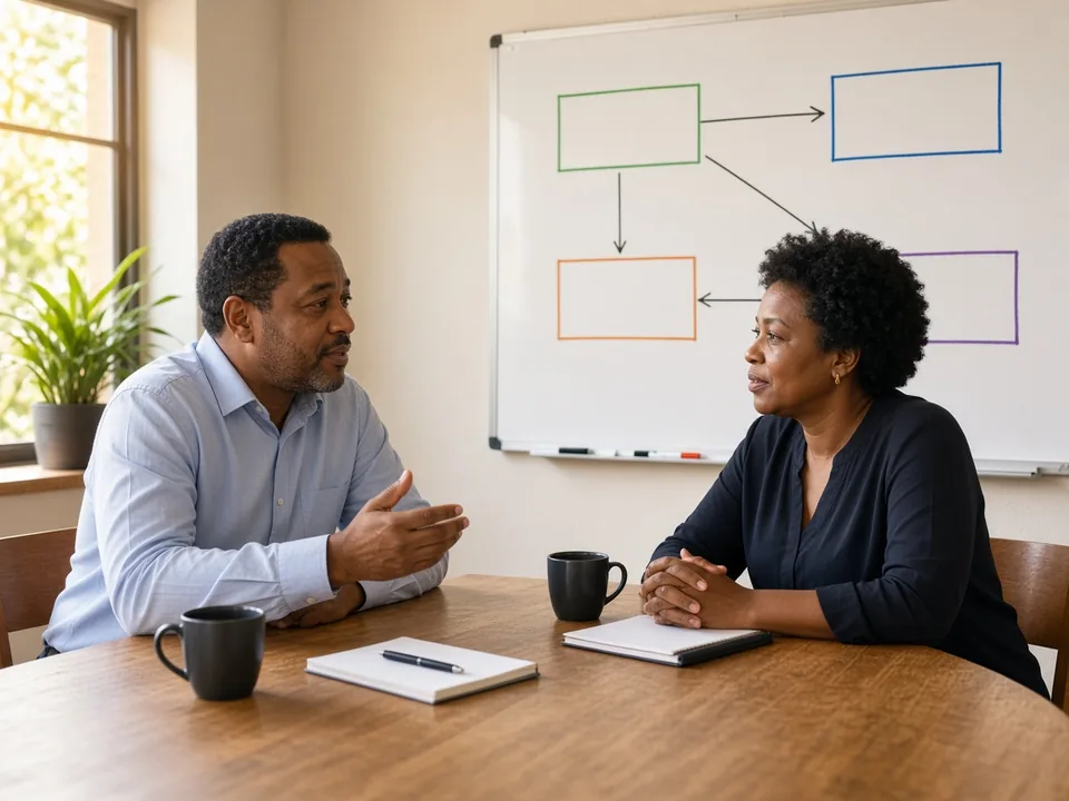 South African business owner and consultant planning a cloud architecture on a whiteboard in a bright Pretoria office