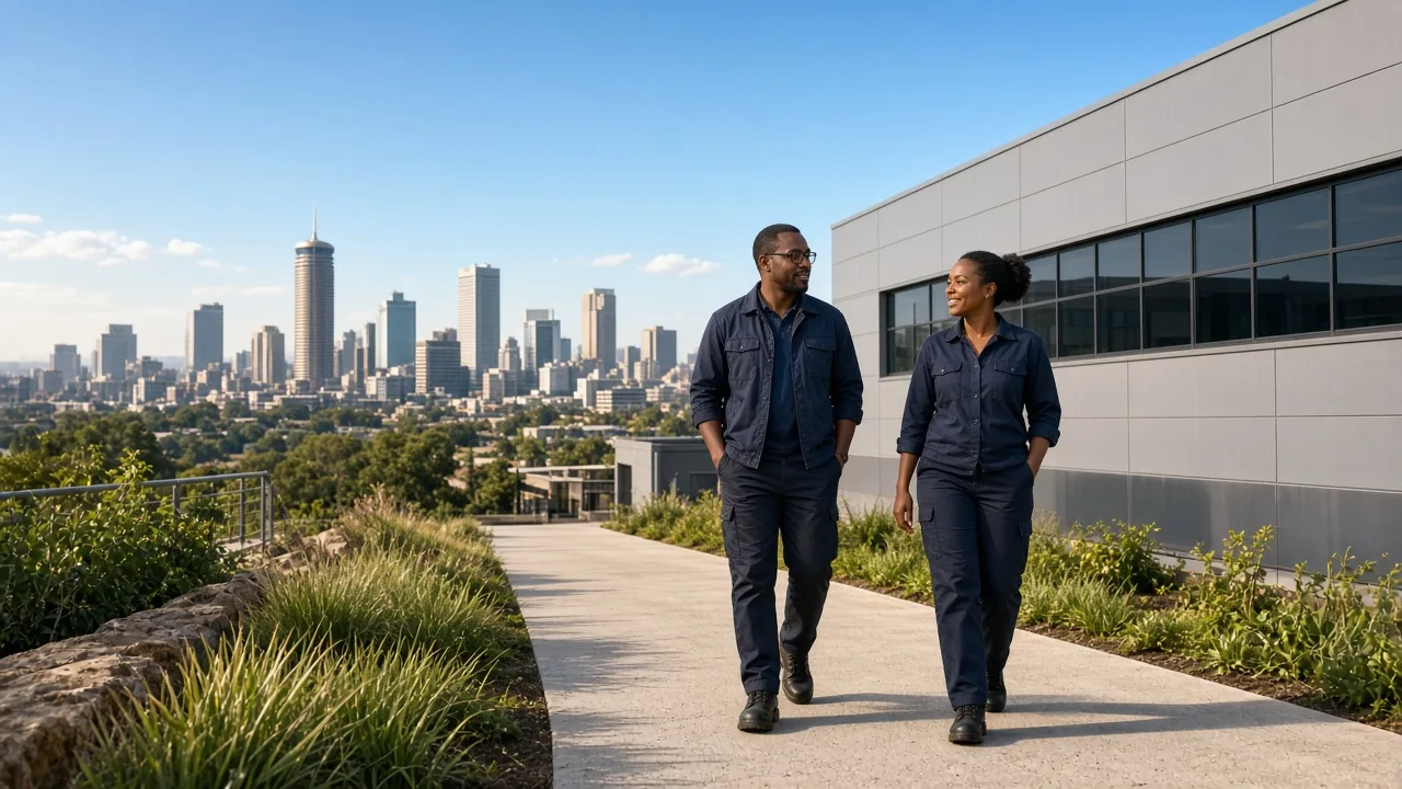 South African network engineers walking beside a modern data centre with the Johannesburg skyline behind them