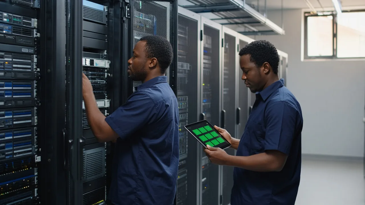 South African technicians checking server cabinets and a status tablet inside a bright data centre aisle