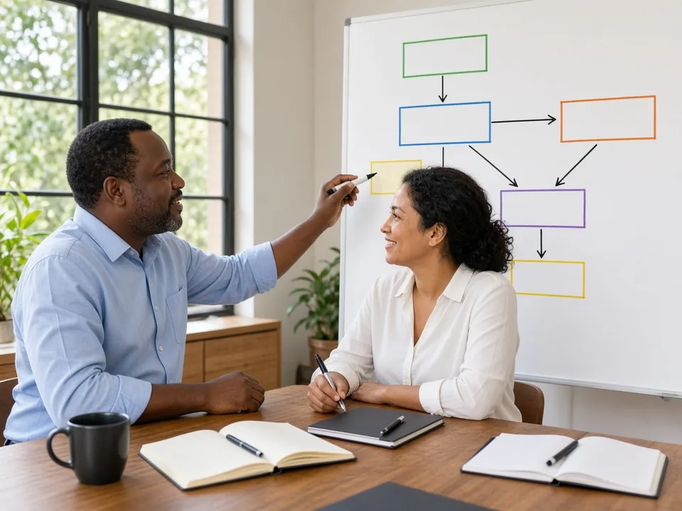South African business owner and CRM consultant mapping a sales workflow on a whiteboard in a bright Pretoria meeting room