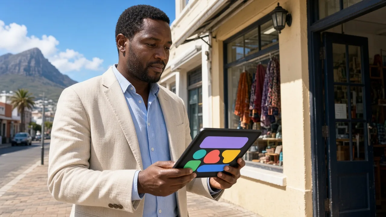 South African field sales representative checking a mobile CRM on a tablet outside a bright Cape Town shop