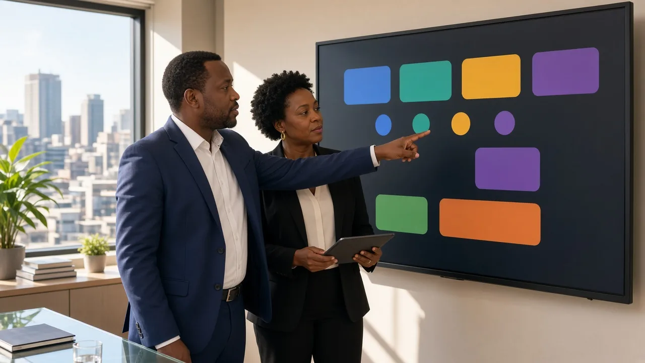 South African sales managers reviewing a colourful deal pipeline on a large screen in a bright Johannesburg office