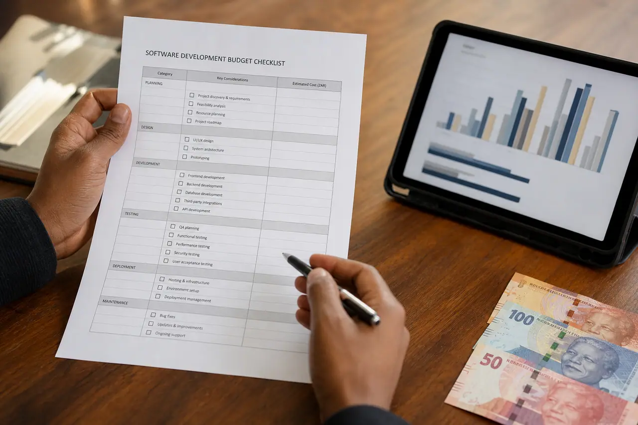 Hands reviewing a custom software development budget checklist beside a tablet with abstract cost charts
