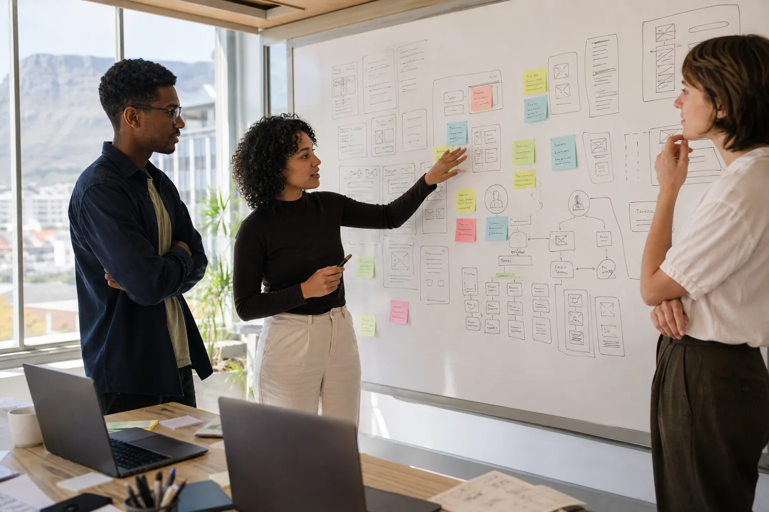 South African product team mapping wireframes and system architecture on a whiteboard in a bright Cape Town studio