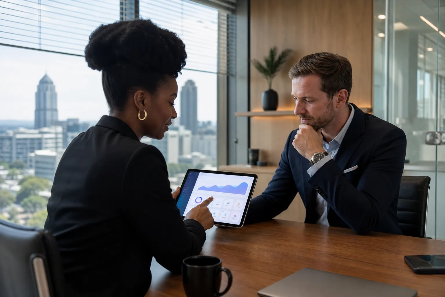 Professionals reviewing a custom SaaS product interface on a tablet during a strategy meeting in a Sandton office