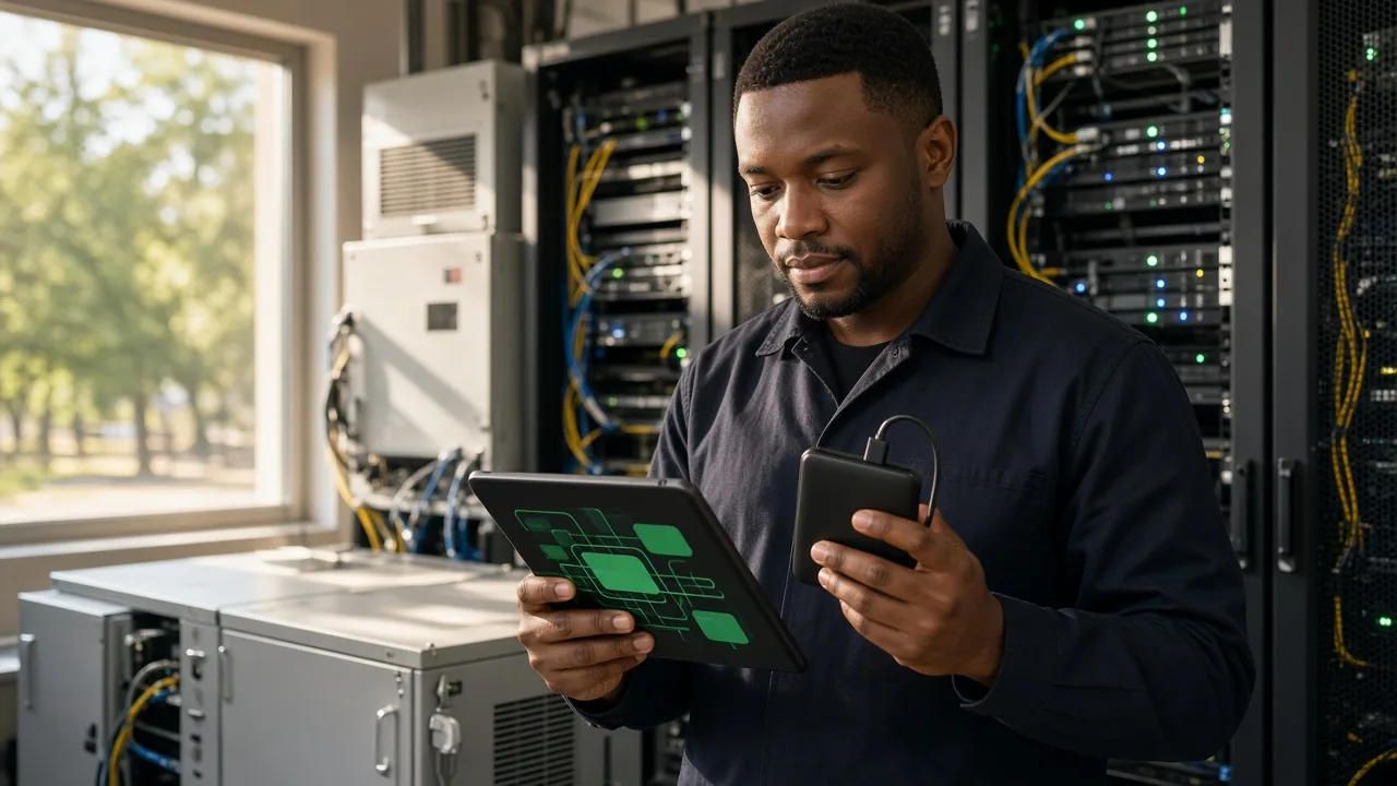 South African IT specialist checking a backup drive and recovery status beside server racks in a bright server room