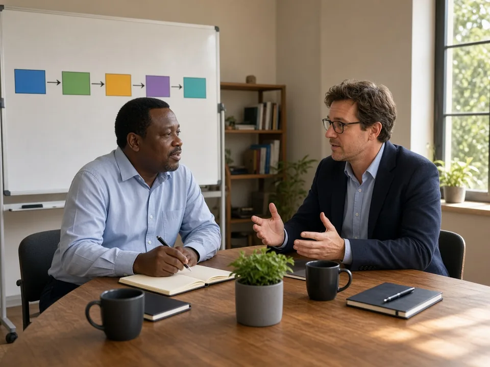 South African business owner and cybersecurity consultant planning a response sequence on a whiteboard in a bright Pretoria office