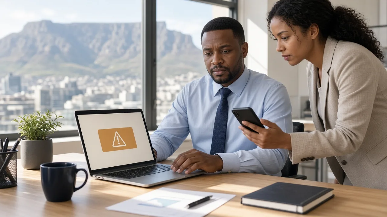 South African colleagues checking a suspicious laptop warning and verifying a payment by phone in a bright Cape Town office