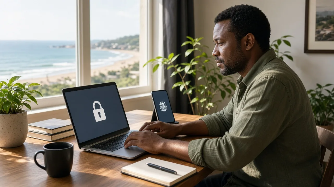 South African remote worker confirming a laptop login with a phone prompt in a bright Durban home office