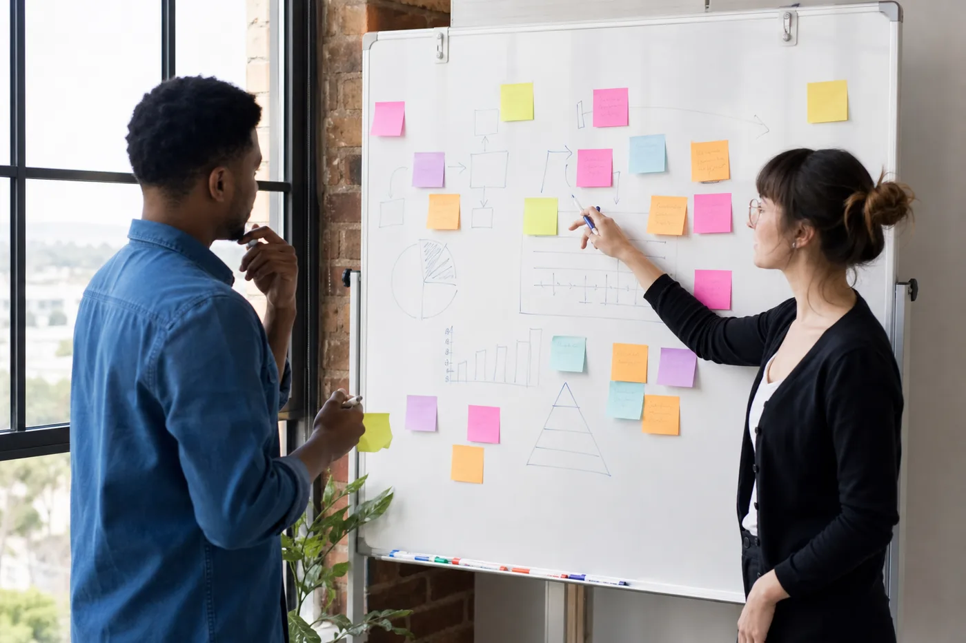 Content and SEO specialists planning a multi-channel campaign on a whiteboard in a Pretoria studio