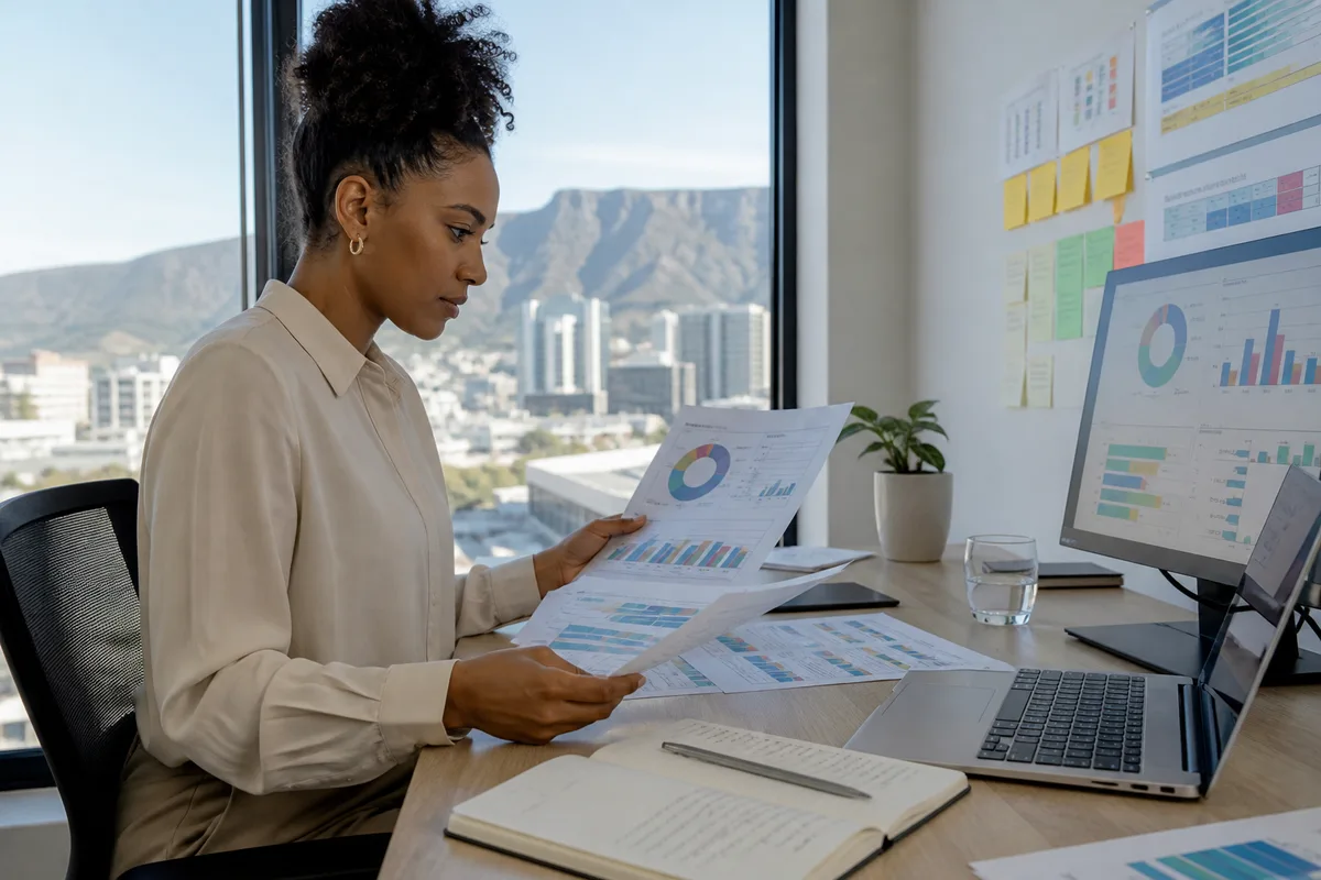 Analyst reviewing competition and channel mix charts for a South African brand in a Cape Town office