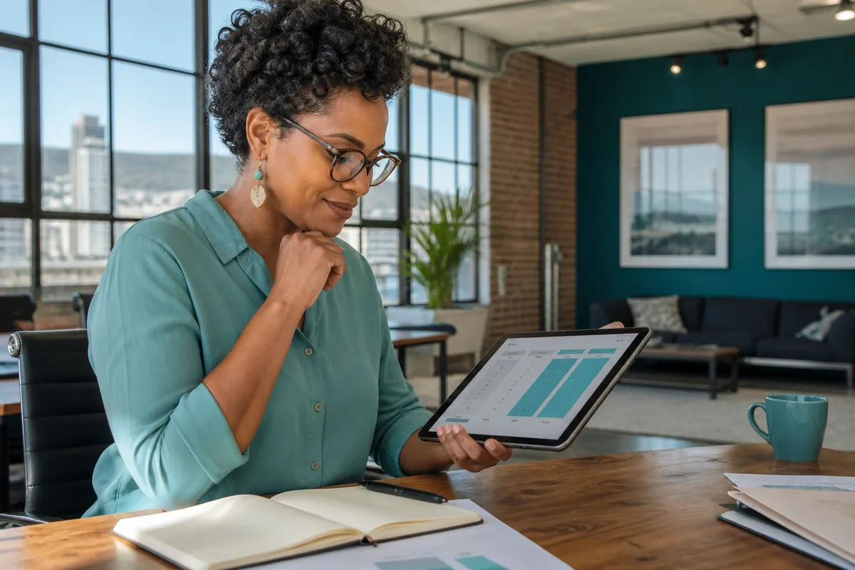 Marketing manager comparing monthly digital marketing packages on a tablet in a Durban agency loft