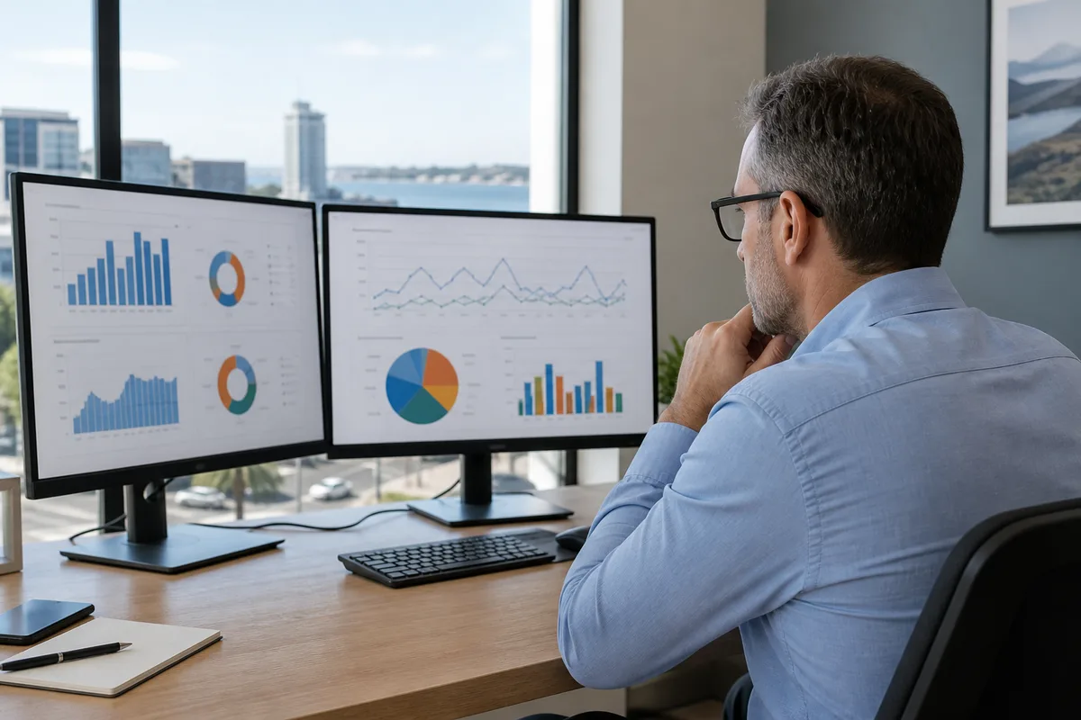 Business owner reviewing lead cost and conversion ROI charts on dual monitors in a Port Elizabeth office