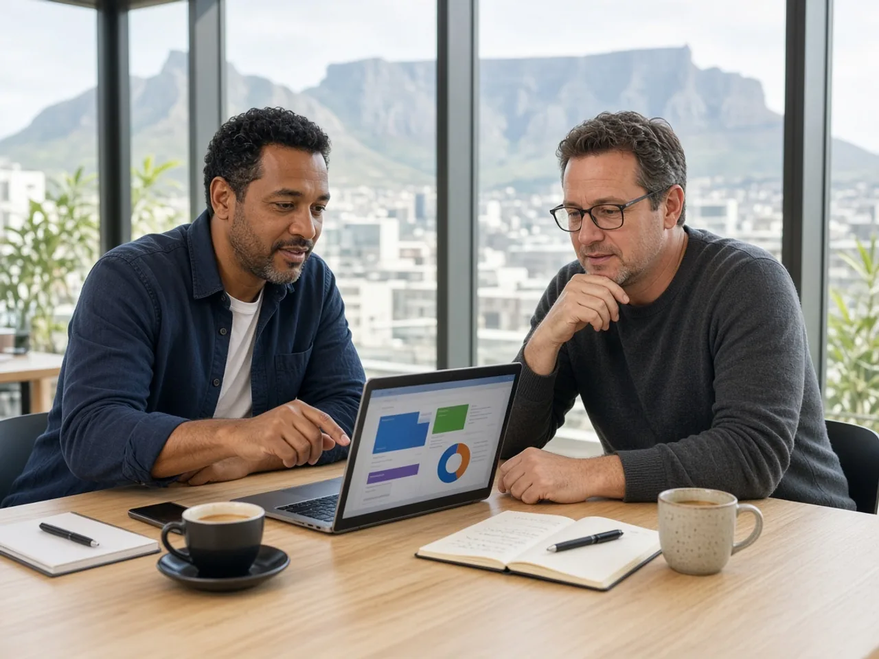Retail founder and logistics consultant reviewing delivery options on a laptop in a bright Cape Town office