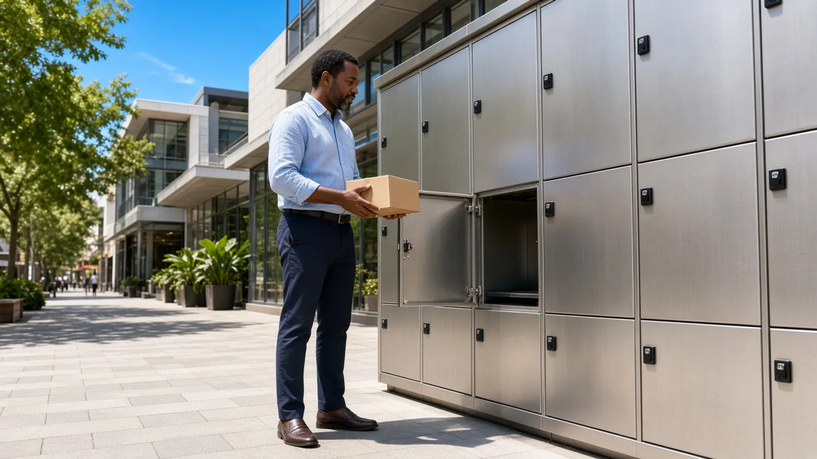 Commuter collecting a parcel from outdoor stainless lockers outside a bright Johannesburg shopping precinct