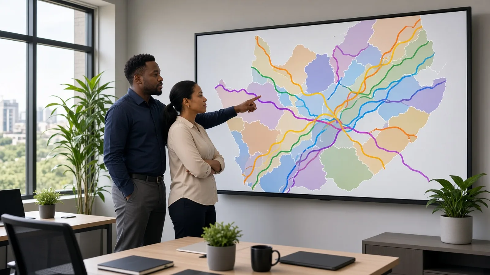 South African dispatchers reviewing colourful delivery routes on a large screen in a bright Pretoria operations room