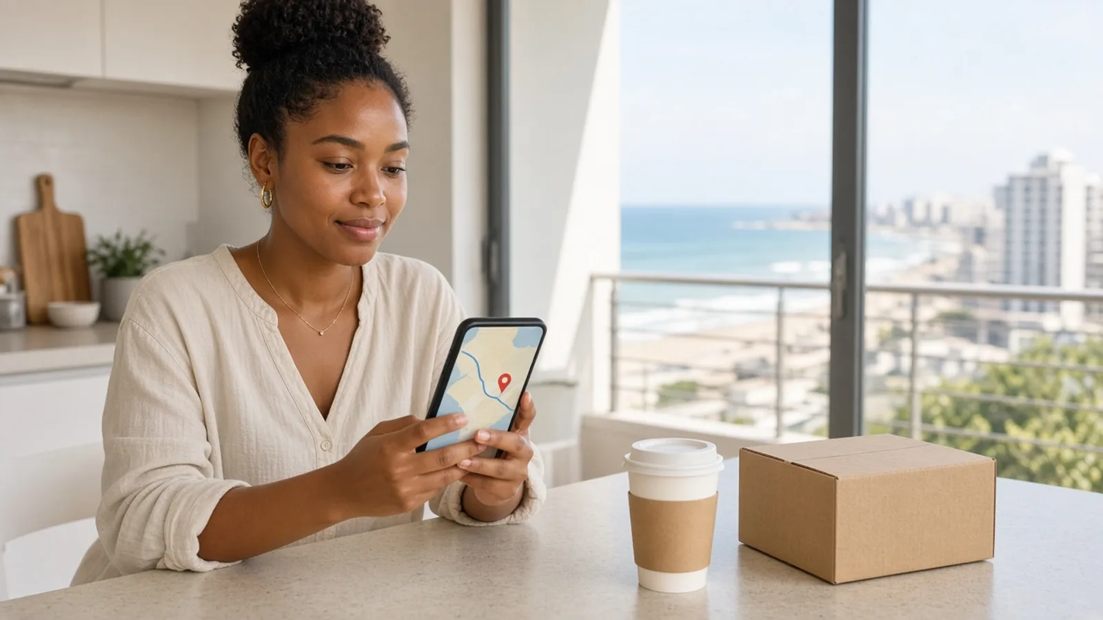 Durban customer checking a live delivery pin on a smartphone beside a parcel in a bright coastal apartment