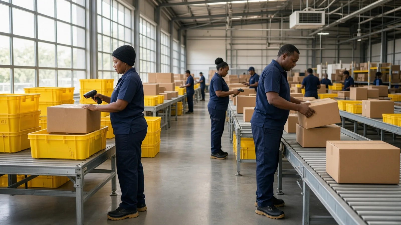 South African fulfilment team scanning parcels beside yellow totes in a bright Johannesburg warehouse