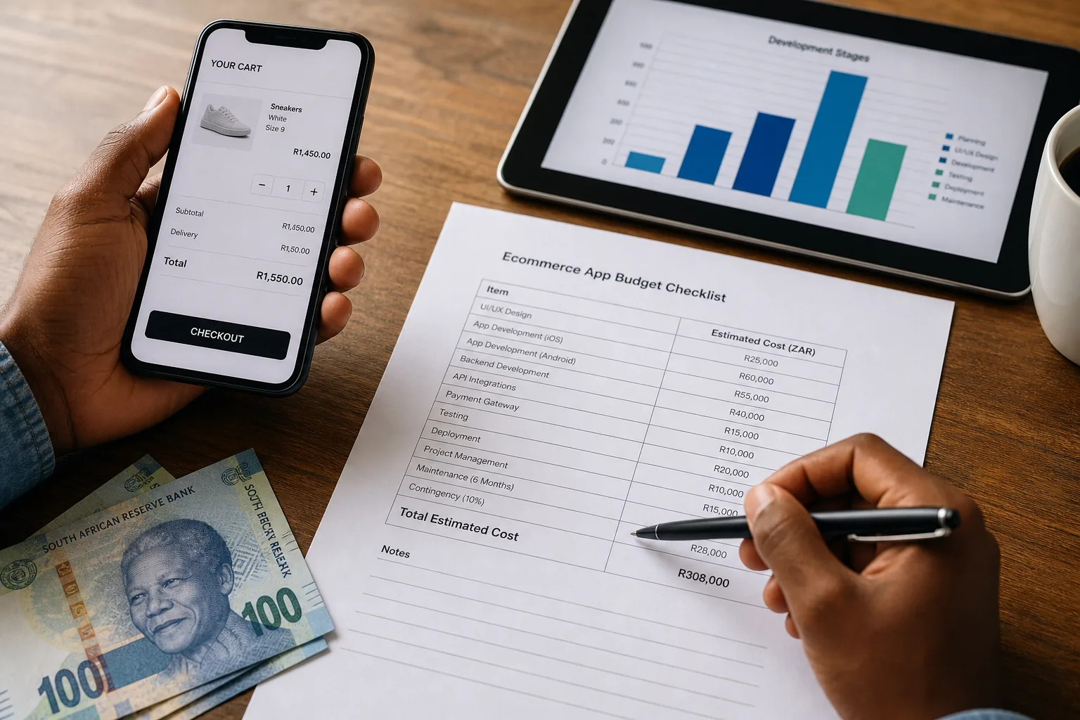 Hands reviewing an eCommerce app budget checklist with a shopping cart phone screen and South African Rand notes