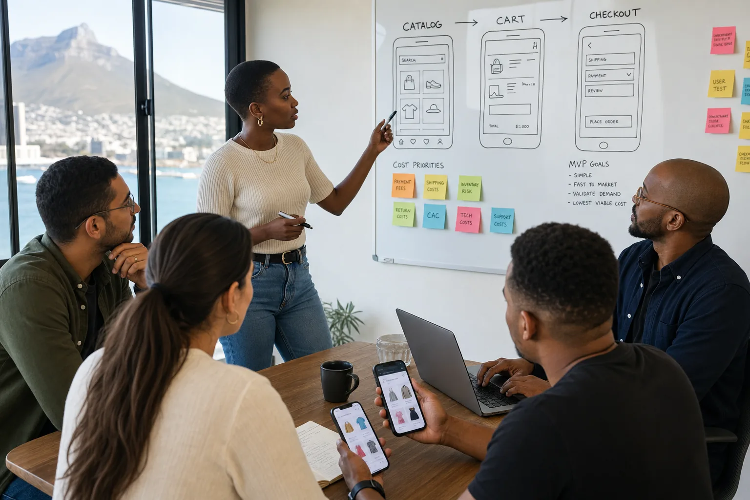 South African product team planning an eCommerce MVP with wireframes and cost priorities on a whiteboard