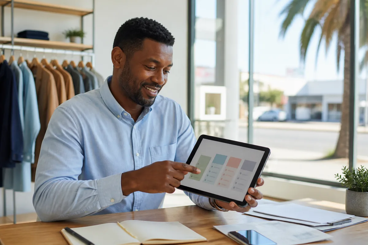 Business owner comparing ecommerce store budget ranges on a tablet in a sunny Port Elizabeth retail office