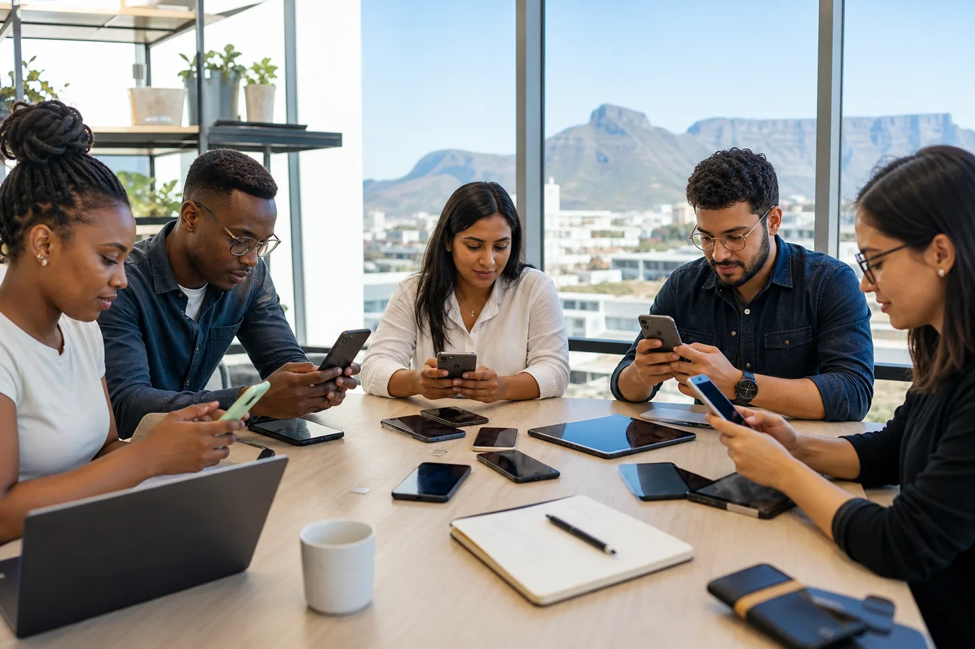 QA team testing mobile checkout flows on multiple phones in a bright Cape Town lab