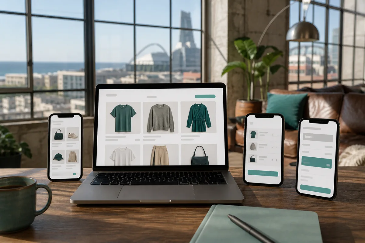 Product catalog, cart, and checkout screens on phones beside a laptop in a Durban ecommerce loft