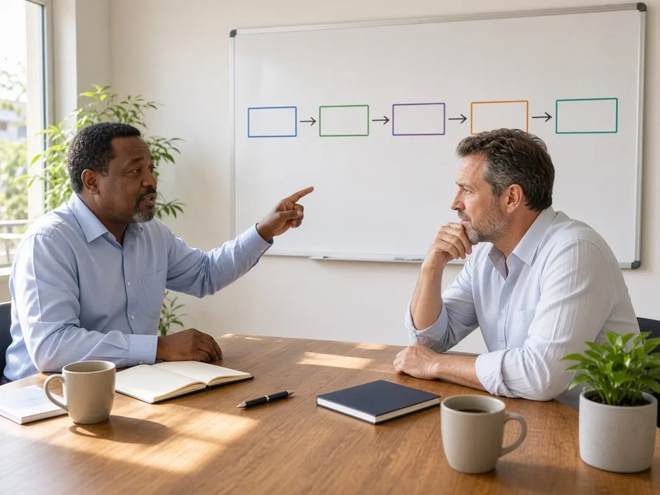 South African business owner and consultant planning a five-step technology roadmap on a whiteboard in a bright Pretoria office