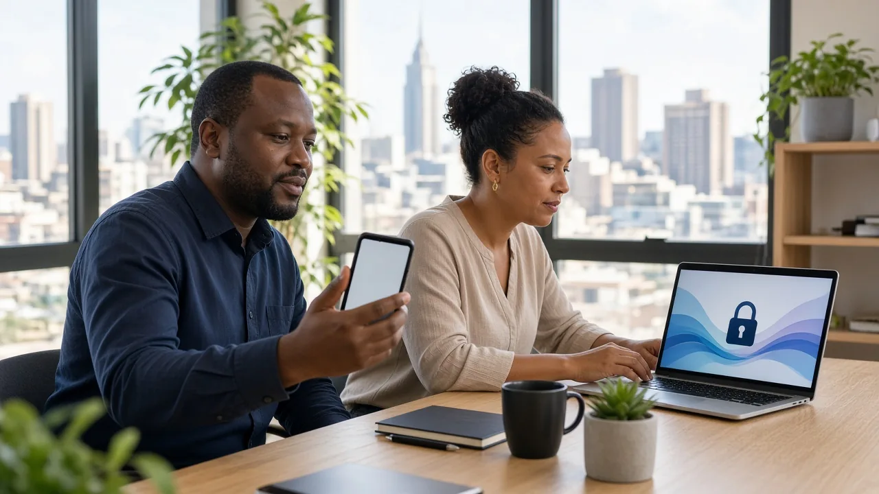 South African colleagues confirming a login with a phone while a laptop shows a lock icon in a bright Johannesburg office