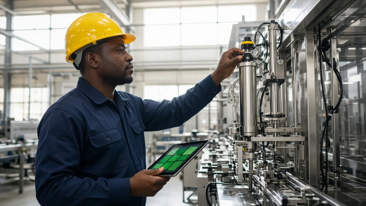 South African engineer checking a machine sensor and a tablet status view in a bright factory
