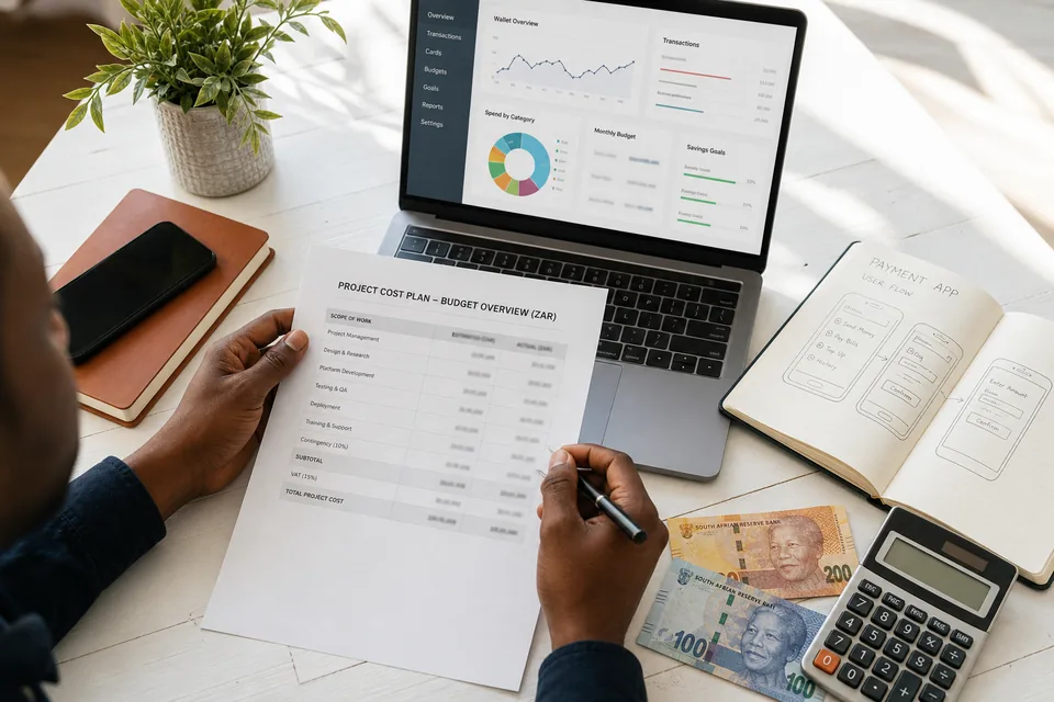 Project lead reviewing fintech app development cost estimates and timelines in South African Rand