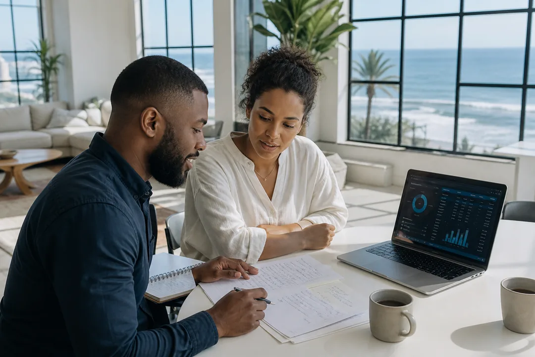 Founder and consultant reviewing a fintech app development budget in South African Rand